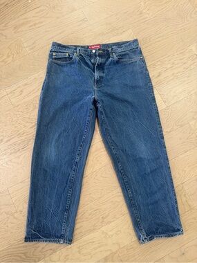 Supreme Blue Denim Jeans with Red Logo Tab